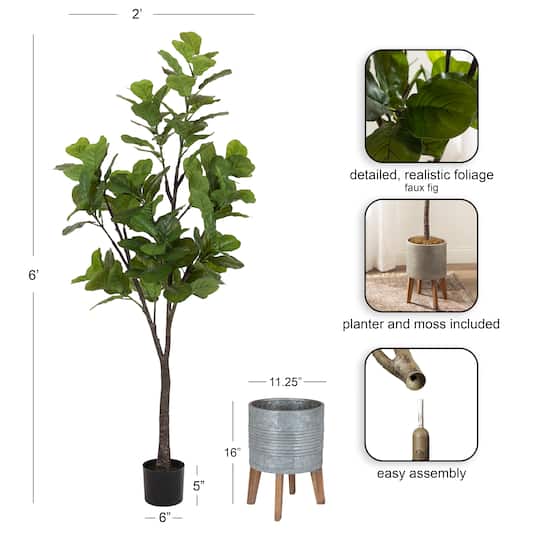 Kate and Laurel Fidmont 6ft. Faux Fiddle Fig Tree in Gavri Wood Footed Planter